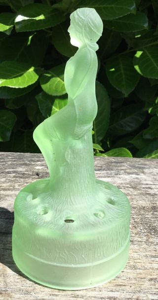 Old Vintage 1930s Art Deco Frosted Green Sowerby Glass Seated Nude Flower Frog 4
