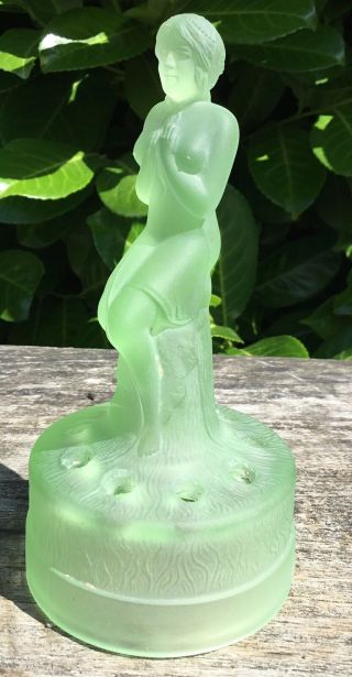 Old Vintage 1930s Art Deco Frosted Green Sowerby Glass Seated Nude Flower Frog 5