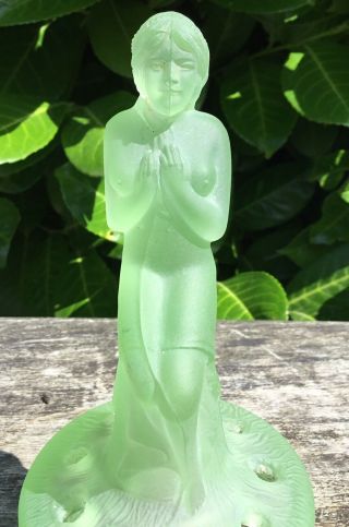 Old Vintage 1930s Art Deco Frosted Green Sowerby Glass Seated Nude Flower Frog 7