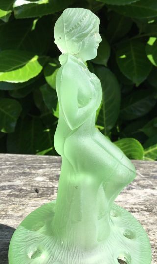 Old Vintage 1930s Art Deco Frosted Green Sowerby Glass Seated Nude Flower Frog 8