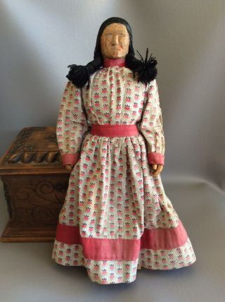 Antique Vintage Hand Carved Wood Native American Indian Doll Lady Calico Dress