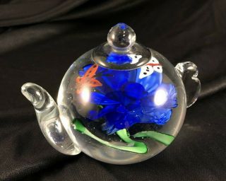 Vintage Art Glass Paper Weight Teapot With 2 Butterflies And A Blue Flower