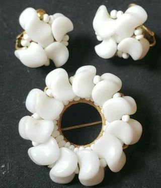 Vintage Signed Miriam Haskell Milk Glass Wreath Brooch & Clip Earrings Set White