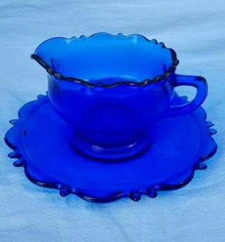 Vintage Mt.  Pleasant Cobalt Blue Creamer & Saucer By Smith Glass 1925 - 1934