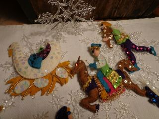 Vintage Handmade Felt with Sequins Christmas Ornaments on Plastic Snowflakes 2