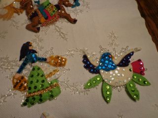 Vintage Handmade Felt with Sequins Christmas Ornaments on Plastic Snowflakes 3