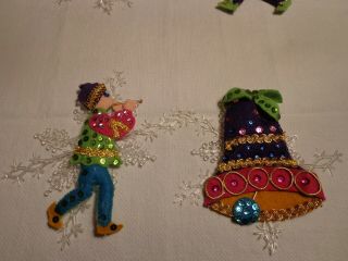 Vintage Handmade Felt with Sequins Christmas Ornaments on Plastic Snowflakes 6