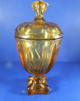 Vintage Amber Glass Covered Candy Dish Footed Square Base