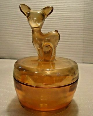 Jeanette Glass Powder Dresser Jar Fawn Deer Trinket Marigold Vintage