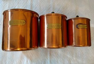 Vintage Copper Plated 3 Piece Nesting Canister Set Flour,  Sugar,  Coffee