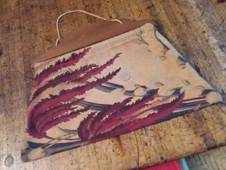 Vintage Bark Cloth Sewing Bag Or Purse,  Wood & String Handles,  Red Green Brown