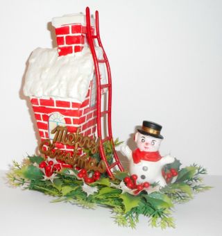 Vintage Christmas Snowman House Red Ladder Brick Soft Plastic Hong Kong 1960s