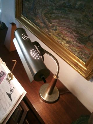 Vintage Mid Century Brass And Wood Bankers Piano Desk Lamp Adjustable Height