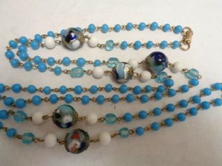Vintage Signed Coro 50 Inch Long Millifiori & Turquoise Glass Beaded Necklace