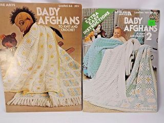 Leisure Arts Baby Afghans 1 & 2 Pattern Leaflets To Knit & Crochet Vintage