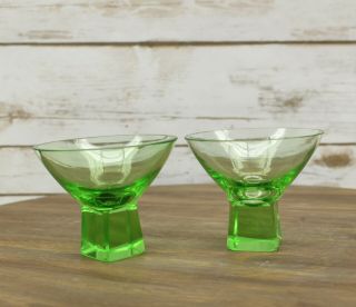 Vintage Green Depression Glass Cube Square Footed Sherbet Cups Set Of 2 Glasses
