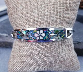 Vtg 925 Sterling Silver Mexico Abalone Mop Flower Inlay Bangle Bracelet,  6.  75 "