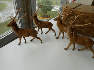 3 Vintage Christmas Plastic Flocked Elk Deer Reindeer Hong Kong 10.  5 " Tall Large