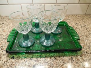 Vintage Emerald Green Glass Tray With Four 4 Clear & Green Wine Cordial Glasses