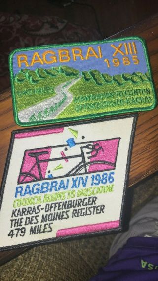 2 Vintage Ragbrai Bicycle Patches 1985,  1986 Ride Across Iowa