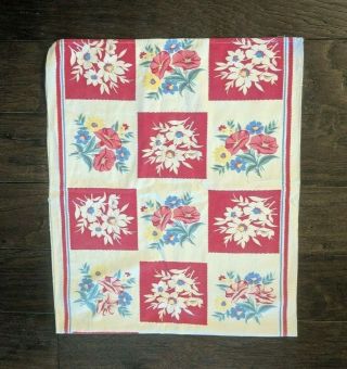 Vtg Fabric Cloth Floral Flowers Red White Blue Yellow Table Runner Tablecloth