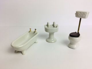 Made In Japan Vintage Ceramic Glass Doll House Bathroom Furniture Set Of 3