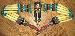1960s Vintage Native American Bone & Turquiose Bead Choker Necklace 19 " X 1 1/4 "