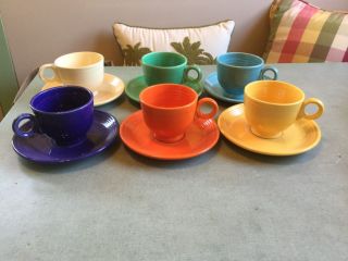 Vintage Fiesta 6 Cups And Saucers In Red,  Yellow,  Green,  Ivory,  Cobalt,  Turquoise