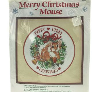 Vintage Dimensions Merry Christmas Mouse Stamped Cross Stitch Kit 15x15