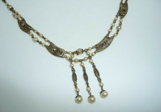 Vintage Art Deco Czech Filigree Marcasite & Faux Pearl Tassel Necklace