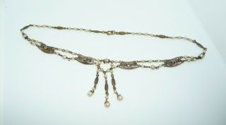 Vintage Art Deco Czech Filigree Marcasite & Faux Pearl Tassel Necklace 2