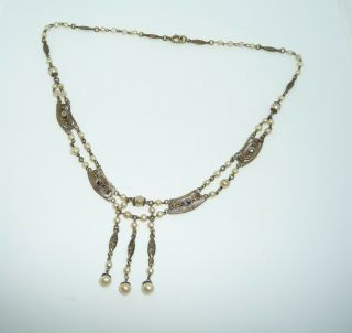 Vintage Art Deco Czech Filigree Marcasite & Faux Pearl Tassel Necklace 3