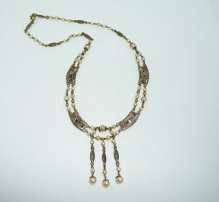 Vintage Art Deco Czech Filigree Marcasite & Faux Pearl Tassel Necklace 4