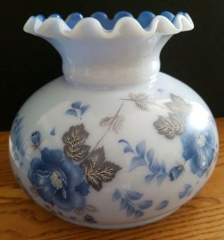 Vintage Milk Glass Gone With The Wind Hurricane Lamp Top Only Blue Floral
