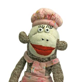 Vintage Sock Monkey | Handmade | Red Heel | Dressed Girl Cook Apron Chef Hat