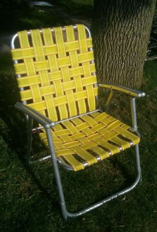 Vtg Aluminum Webbed Folding Chair Beach Lawn Patio Retro Yellow W Red Trim