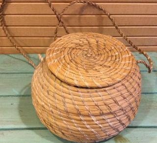 Vintage Sweet Grass Basket With Lid,  Hanging