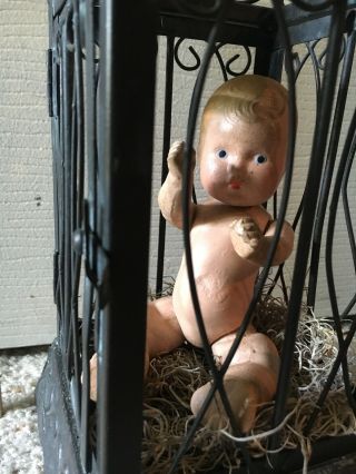 Antique Doll In Lantern Creepy Macabre Gothic Oddities 13” Tall