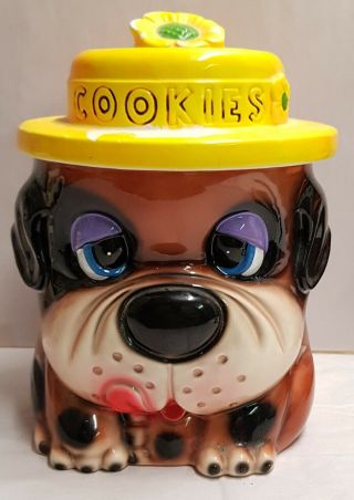 Vintage Hound Dog Cookie Jar With Yellow Hat Lid Made In Japan 1960s Bulldog