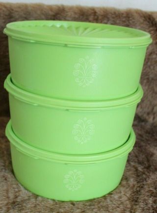 Vintage Tupperware Servalier Canister Set Of 3 Lime Green Apple W/ Scoops 1204