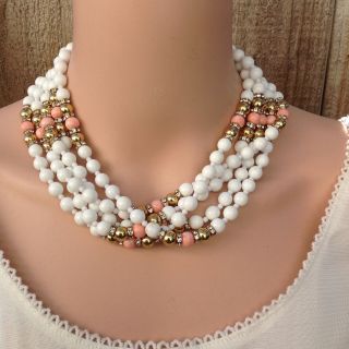 Vintage Pastel White Milk Glass Pink Coral Lucite Beaded Multi Strand Necklace