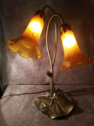 Vintage Metal Tulip Lily Pad Table Lamp 2 Light Amber Orange Shade 16 1/2 " Tall