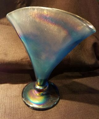 Vintage Fenton Iridescent Blue Art Glass Vase Signed