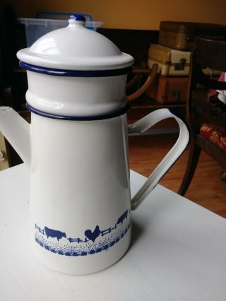 Vintage White Enamel French Coffee Pot With Blue Barnyard Animals Design