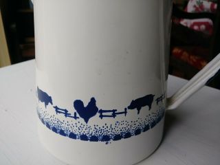 Vintage White Enamel French Coffee Pot with Blue Barnyard Animals Design 2