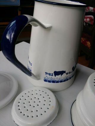 Vintage White Enamel French Coffee Pot with Blue Barnyard Animals Design 3