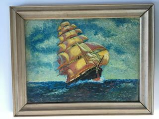 Oil Painting Ship Sea Sail Sea Signed Framed Vintage Rb52