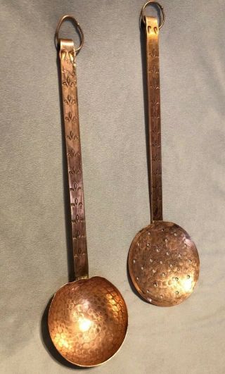Set Of 2 - Antique Copper Ladle Soup Spoon & Wide Strainer,  Vintage Solid Copper