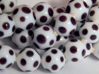 8 Vintage Spotted Dalmatian Czech Bohemian Round Lampwork Art Glass Beads,  11mm