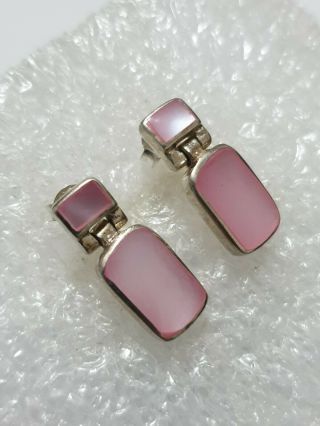 Fine Vintage Pink Mother Of Pearl Stud Earrings Natural 925 Solid Silver